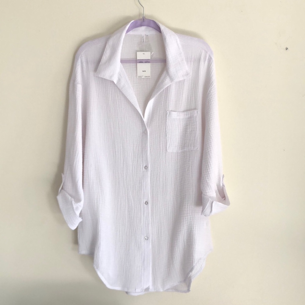TAHITI White Button Down Big Shirt Swimwear Beach Coverup